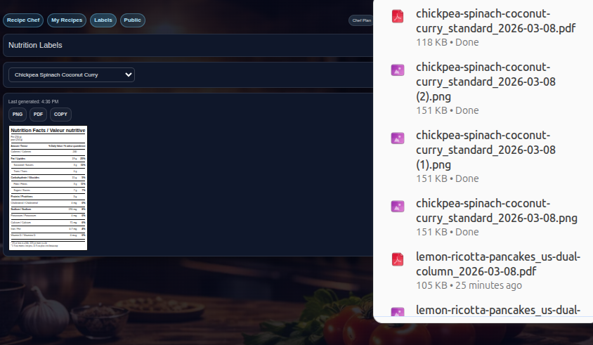 RecipeChef label export actions