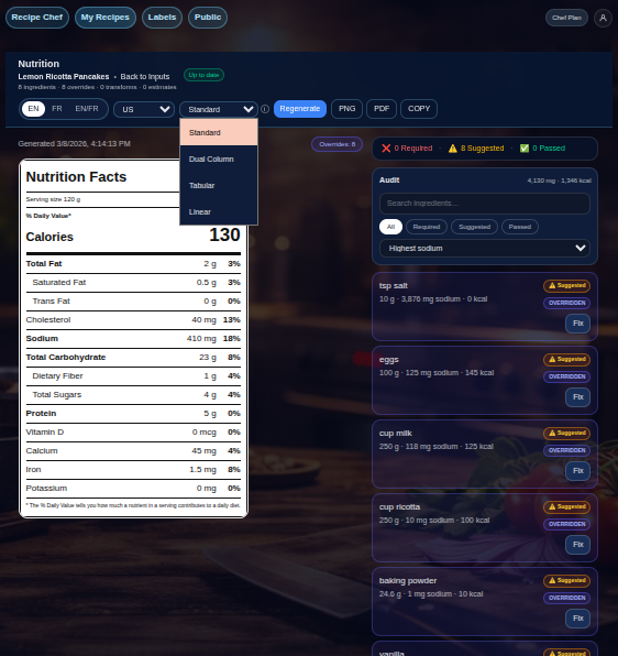 RecipeChef layout selector for nutrition labels